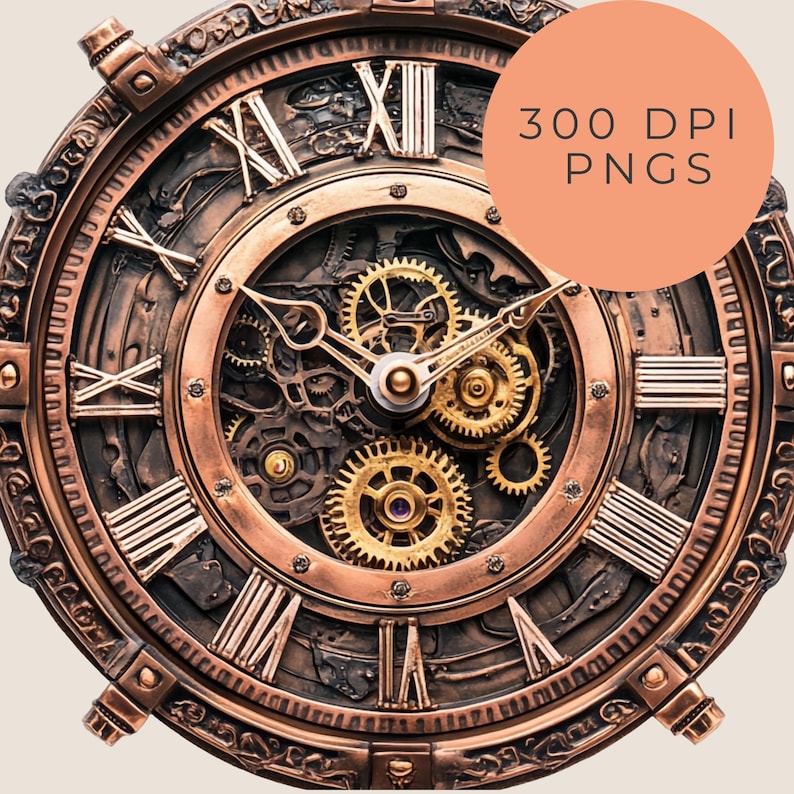 Steampunk Clock Clipart PNG Set – 4 Transparent 300 DPI Vintage Gear ...