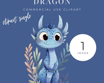 May include: A blue cartoon dragon with big eyes and a friendly smile. The dragon is standing on a bed of green and orange leaves. The text "clipart single" is in the top left corner of the image. The text "1 IMAGE" is in the bottom right corner of the image.