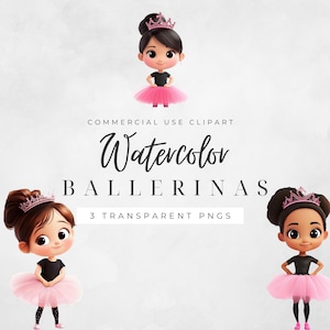 Watercolor Ballerina Clipart PNG Set, Cute Ballet Girl Clip Art with Tutu and Crown, Commercial Use Digital Graphics