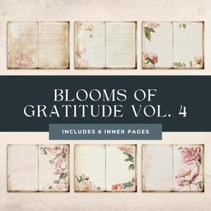 Flores de Gratitud Vol. 4: Páginas de diario con motivos florales rayados, papel imprimible con peonías, 6 archivos JPG digitales
