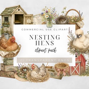 Nesting Hens Clipart Pack, Grandmacore PNGs, Cottagecore Images, Commercial Use Digital Download