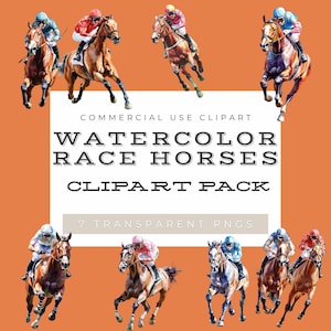 Watercolor Race Horse Clipart PNG Bundle | Horse Racing Clip Art Set with Jockeys | 7 Transparent PNGs 300 DPI Digital Download