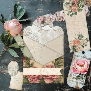 Blühende Dankbarkeit geladen Tag Set, Printable Junk Journal Ephemera, Blumen Taschen und Tags, 8.5x11 ”JPG, Pfingstrose Papier Kit