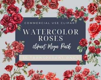 Watercolor Roses Clipart Mega Pack, Red Rose PNG, Floral Bouquet Clipart, Vintage Botanical Flowers, Transparent Background, Commercial Use