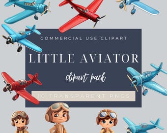 Little Aviator Clipart Pack, Vintage Airplane PNG, Cute Pilot Clipart, Retro Aviation Illustration, Boys Airplane Party Decor