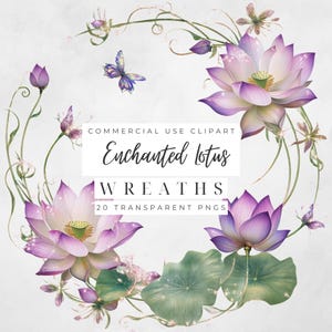 Fairy garden clipart, lotus floral wreaths, enchanted forest png, Fairy tale frame, pink flowers, purple flowers, wildflower borders