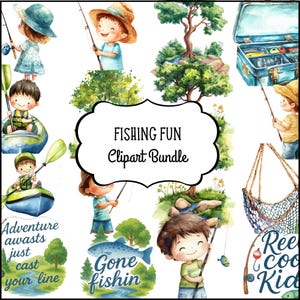 Angeln Spaß Clipart-Bundle für Kinder, Aquarell Jungen Angeln Clip Art, Camping Outdoor Abenteuer PNG Set, 300 DPI transparente Bilder