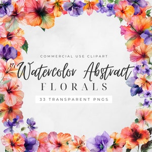 Paquete de imágenes prediseñadas florales abstractas en acuarela: 300 ppp, PNG, imágenes de fondo transparente con violetas, lirios y flores de hibisco.