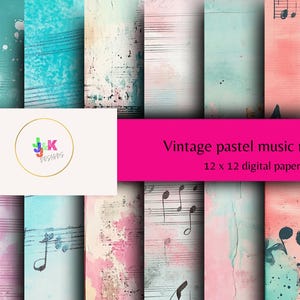 Pastel Watercolor Digital Paper Pack with Vintage Music Notes Backgrounds, 12x12 JPG Scrapbook Pages for Junk Journals and Crafts