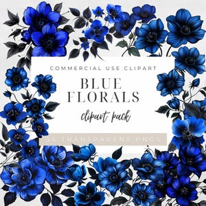 Royal blue flowers, watercolor blue florals clipart, blue flower png images, commercial use, weddings, birthdays, blue and black flowers