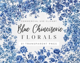 Blue Chinoiserie Florals Clipart Pack- 300 DPI - PNG - Transparent Background- perfect for scrapbooking, creative design and more.