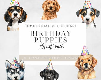 May include: Six watercolor illustrations of puppies wearing colorful party hats. The puppies are a golden retriever, a black labrador, a husky, a beagle, a poodle, and a terrier. The text "BIRTHDAY PUPPIES clipart pack" is written in black on a white background.