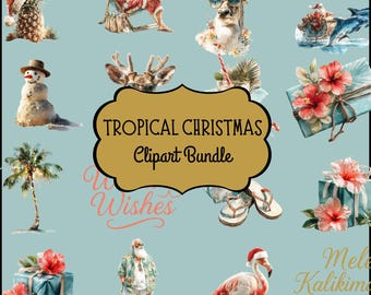 Watercolor Tropical Christmas Clipart, Beach Santa Clip Art Set, Tropical Holiday Gifts, Transparent Background