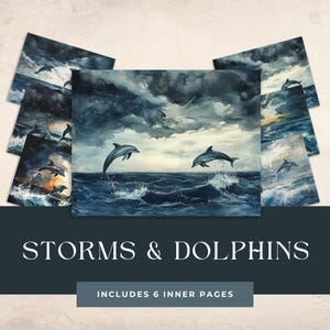 Papier numérique orageux dauphins, 12 x 12 pouces, fonds marins aquarelle, paquet de papier imprimable dauphins, papier de scrapbooking océan tempête, 300 ppp