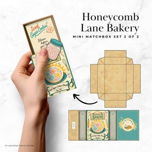 May include: A Honeycomb Lane Bakery mini matchbox set 2 of 2 featuring a printed box sleeve with floral iced sugar cookies, a jar of sprinkles, and baking tools. The set includes a flat, unfolded tan cardboard template and a colorful box design.