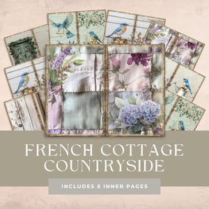 May include: A collection of decorative paper pages with a French cottage theme. The pages feature watercolor illustrations of bluebirds, flowers, and rustic wooden textures. The text "FRENCH COTTAGE COUNTRYSIDE" and "INCLUDES 6 INNER PAGES" are displayed.