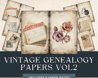 May include: Vintage genealogy papers with a distressed, aged look. The papers are arranged in a book format with six inner pages. The pages feature handwritten text, maps, and floral illustrations.