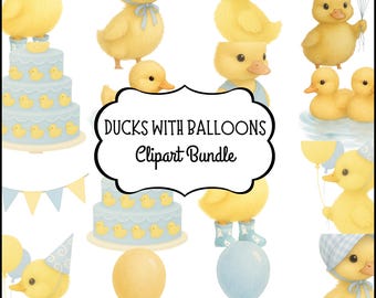 Watercolor Duck Clipart PNG, Baby Duck with Balloons, Blue Yellow Party Clip Art, 12 PNGs, 300 DPI Transparent Nursery Graphics
