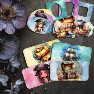 Diario pirata para niña (efímera) – 3 páginas JPG imprimibles – Barco pirata, tesoro, pergaminos y marcos – Kit de collage pirata para niños – 300 DPI