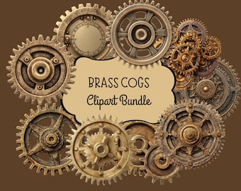 Steampunk Brass Cogs Clipart Pack, Commercial Use PNG, High Quality Steampunk Gear Graphics Set