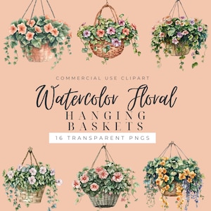 May include: Watercolor illustration of 6 hanging flower baskets with various flowers and greenery. The baskets are made of woven material and have a rustic look. The flowers are in shades of pink, purple, yellow, and white. The background is a light peach color. The text "Watercolor Floral Hanging Baskets" and "16 Transparent PNGs" is included in the image.