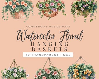 Watercolor Hanging Baskets Clipart, Floral Basket PNG, Cottagecore Flower Clipart, Vintage Garden Illustration, Transparent Background