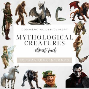 Puede incluir: Un paquete de clipart digital con 12 criaturas míticas, incluyendo un dragón, un unicornio, una sirena, un hombre lobo, un duende, un hada, un goblin, un vampiro, una serpiente, un grifo, un yeti y una elfa de los bosques. El clipart es perfecto para uso comercial.