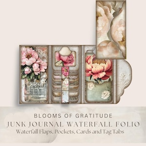 Blüten der Dankbarkeit Junk Journal Waterfall Folio, bedruckbare Klappen, Taschen, Karten und Tabs, 8.5x11 ”JPG, Pfingstrose Floral Ephemera Kit
