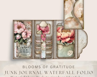 Blooms of Gratitude Junk Journal Waterfall Folio, Printable Flaps, Pockets, Cards and Tabs, 8.5x11” JPG, Peony Floral Ephemera Kit