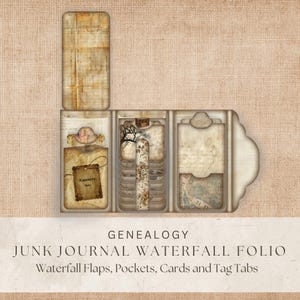 Könnte beinhalten: Ein Junk-Journal-Wasserfall-Folio im Vintage-Stil mit mehreren Fächern. Das Folio weist gealterte Papiertapeten, dekorative Elemente und ein Etikett "Ancestry" auf. Das Design umfasst Wasserfallklappen, Taschen, Karten und Registerkarten. Der Text "GENEALOGY" ist sichtbar.