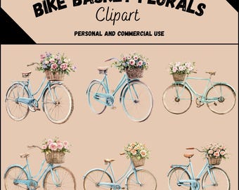 Bicicleta vintage con cesta de flores, clipart, bicicleta azul acuarela PNG, ilustración de bicicleta con cesta floral, descarga digital de 300 dpi