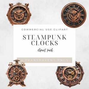 May include: Steampunk clocks clipart pack featuring four antique-style clocks with intricate gear details and Roman numeral clock faces. The clocks are in shades of bronze and copper, with a vintage aesthetic. The text reads "Steampunk Clocks" and "4 Transparent PNGs."