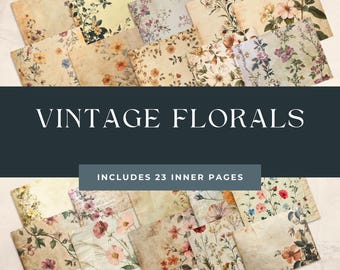 May include: A set of 23 vintage floral digital papers. The papers feature a variety of floral patterns in shades of pink, yellow, and green on a cream background. The papers are perfect for scrapbooking, card making, and other crafting projects.