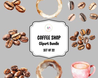 Conjunto de clipart de cafeteria, grãos de café em aquarela, croissants, canecas de café PNG, conjunto de clipart de café da manhã para padaria e cafeteria, imagens em 300 DPI