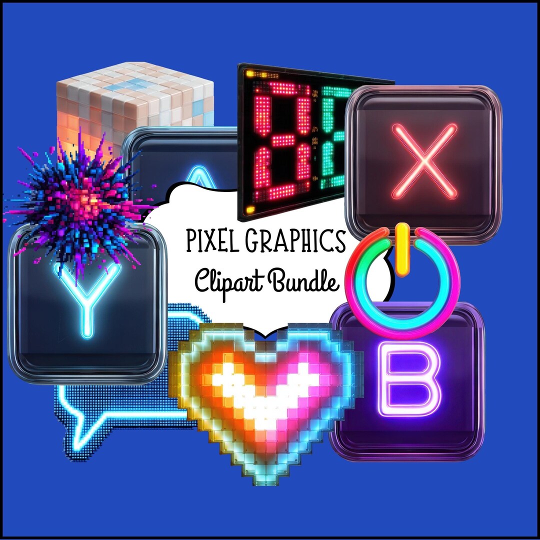 Neon Sprites Gaming Clipart Pack, Neon Gamer PNG, Pixel Art Bundle, Instant Download ...
