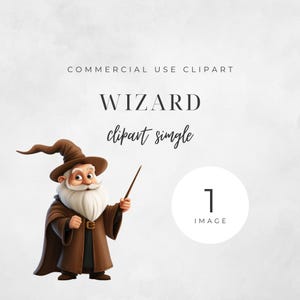 May include: A cartoon wizard with a brown pointed hat and a long white beard. He is wearing a brown robe and holding a wand. The image is labeled "wizard clipart single" and "1 image".