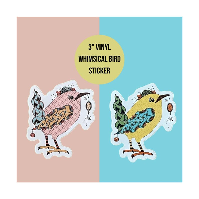 Hand Drawn Whimsical Bird 3x3 Vinyl Sticker for Large Cup Gift for Her ...
