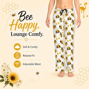 Bee Pajama Pants for Women, Honey Bee Lounge Pants, Cute Bumblebee PJs, Beekeeper Gift, Bee Lover Gift, Comfy Sleepwear