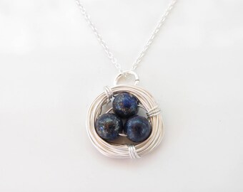 Bird's Nest Necklace - Lapis - Sterling - Ready to Ship - Great Mother's Day or Easter Gift - New Mom - Nest Jewelry