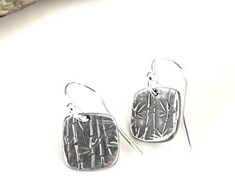 Bamboo Fine Silver Dangle Earrings: Square Sterling Ear Wires