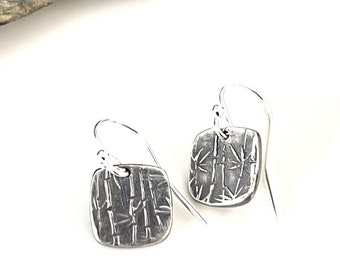 Silver Square Dangles on Sterling Ear Wires - Bamboo Design - Fine Silver - Dainty Silver Earrings - Ready to Ship - Free Ship