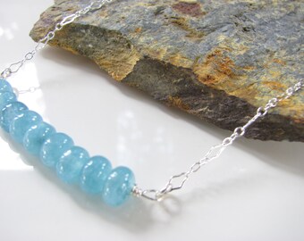 Angelite Gemstone Bar Necklace: Sterling Silver Bead Chain