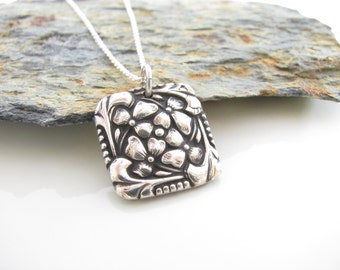 Handmade Fine Silver Flower Pendant: Oxidized Sterling Cable Chain