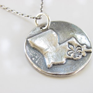 Louisiana State Rustic Disk Necklace - Hand Made from Fine Silver on a Sterling Silver Cable Chain - Made to Order - Free Shipping