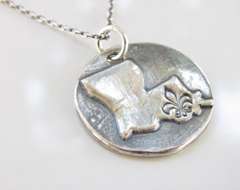 Louisiana State Rustic Disk Necklace - Hand Made from Fine Silver on a Sterling Silver Cable Chain - Made to Order - Free Shipping