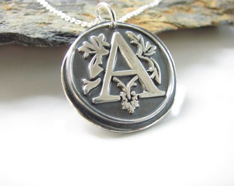 Wax Seal Initial - Hand Made from Fine Silver, Necklace on Sterling Silver Cable Chain - Made to Order - Available Letters (A, B, M, P, S)