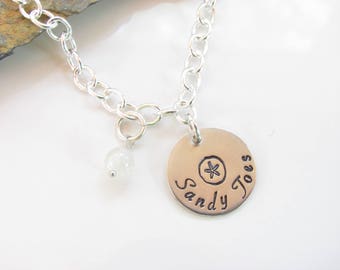 Sterling Silver Charm Bracelet: Stamped Sand Dollar, Moonstone Bead