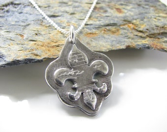 Fleur De Lis Necklace - Hand Made from Fine Silver - NOLA - Music Notes and Antiqued - Made to Order - New Orleans - Louisiana - Fleur