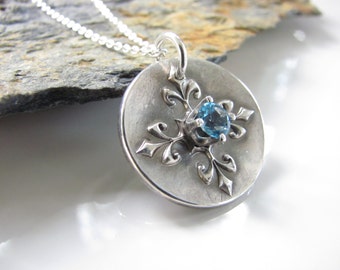 Handmade Fine Silver Flourish Pendant: Swiss Blue Topaz Sterling Necklace