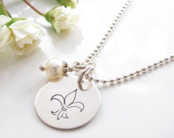 Fleur de Lis - Hand Stamped Necklace - Sterling Silver - Ready to Ship - Free Shipping - Freshwater Pearl Dangle